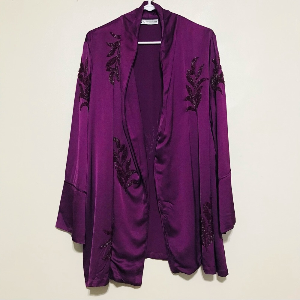 Zara Purple Satin Smooth Open Style Jacket Beaded Detail